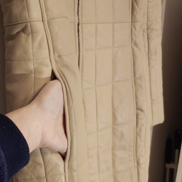 Avirex Leather Long Coat Quilted Beige High Neck Vintage 90s Minimal Jacket - Picture 12 of 13